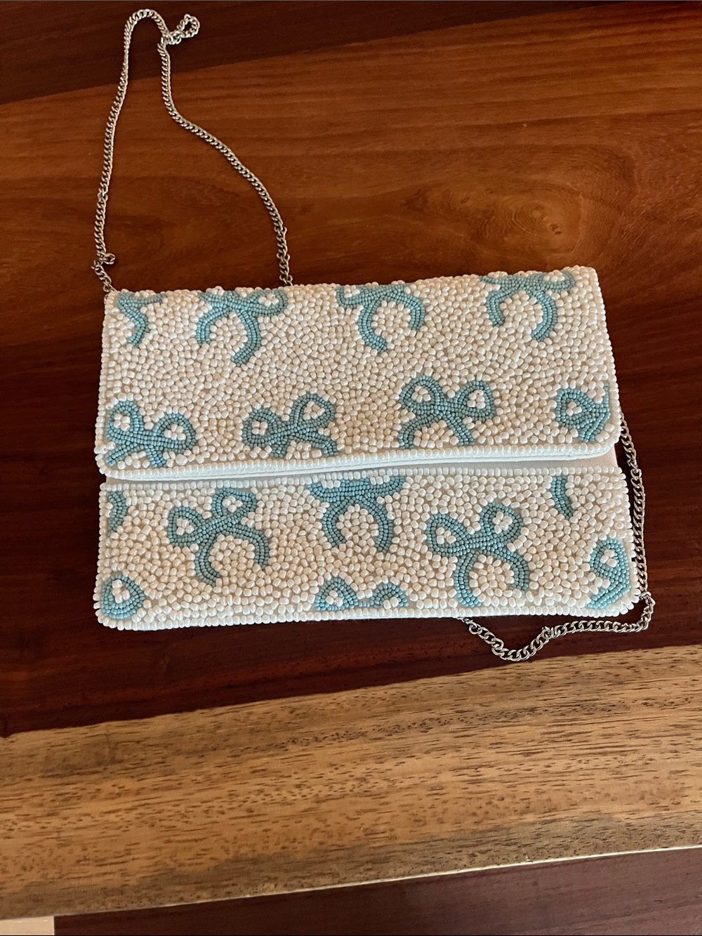 Mud Pie White Beaded Clutch with Light Blue Bow Accents